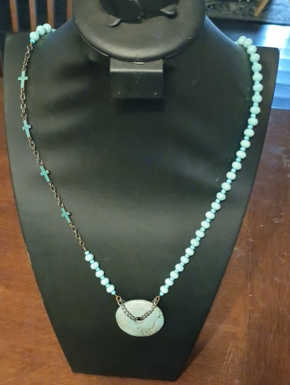 Turquoise Beaded Cross Accent Amazonite Pendant Necklace - Women Jewelry